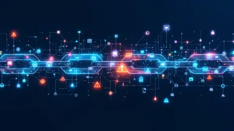 Digital software icons chain broken links warning symbols vulnerability blue backgrounds