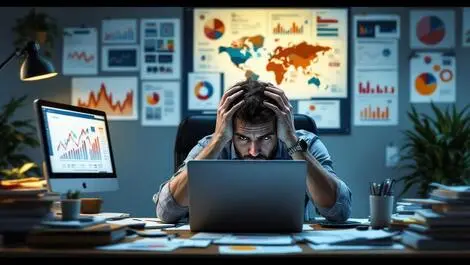 Stressed uk office worker cluttered desk charts digital devices data anxiety