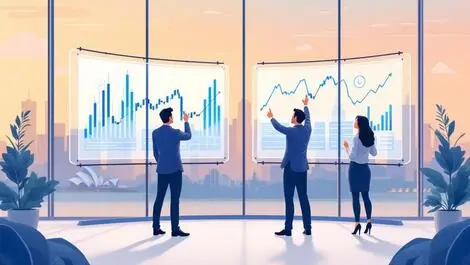 Modern office financial analysts digital data charts graphs sydney skyline asset management australia