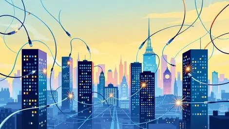 Uk city skyline office buildings network cables sparking outage disruption