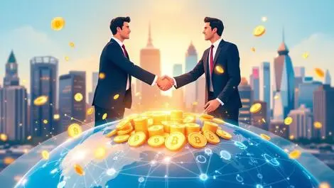 Businessmen shaking hands crypto globe australian american city investment