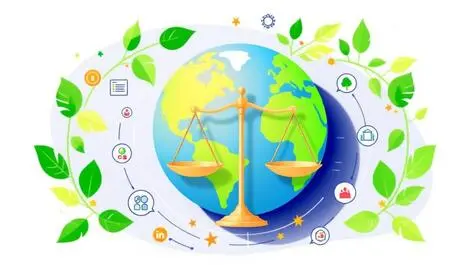 Illustration globe legal scales green leaves esg interconnected icons