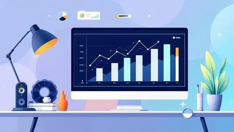 Modern office workspace business growth charts digital dashboard controls