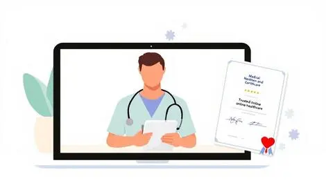 Illustration laptop video call doctor medical certificate trusted online healthcare uk