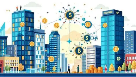 Modern city buildings with digital tokens blockchain chains transforming real estate assets