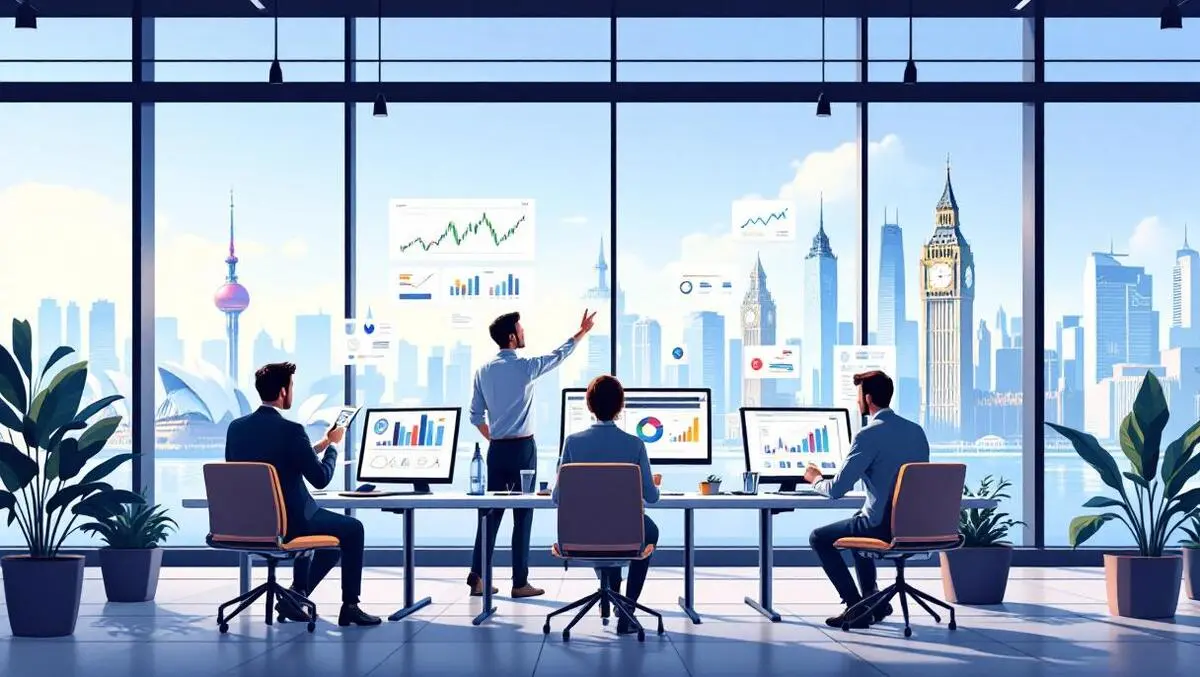 Business professionals analyzing financial charts ai automation global landmarks