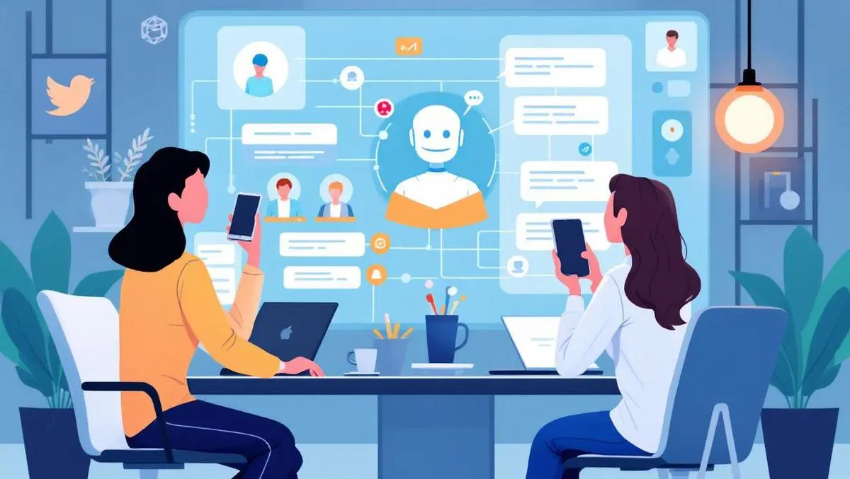 Modern office professionals collaborating ai chatbot digital screen
