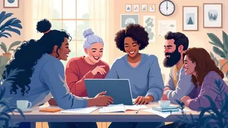 Group of adults learning together around computer in uk community center urban setting