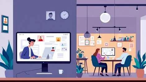 Remote office employees connecting through computers cozy modern workspaces