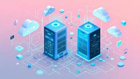 Digital illustration two servers data streams cloud icons gears automation code