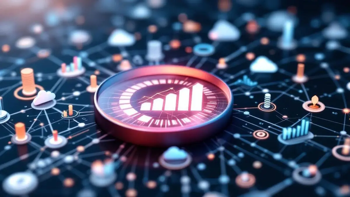 Digital illustration magnifying glass data points charts ai cloud networks