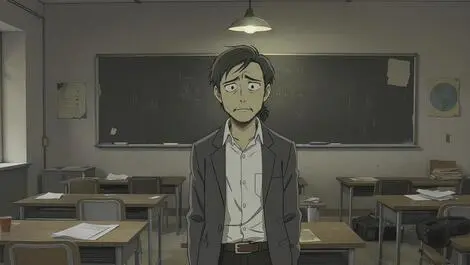 Worried teacher in sparsely equipped classroom symbolizing education budget cuts