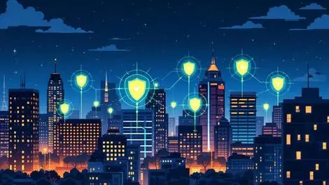 Australian city skyline night cybersecurity shield icons office buildings