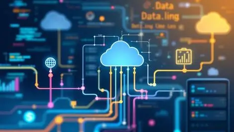 Digital illustration server racks cloud icons data tracing vector