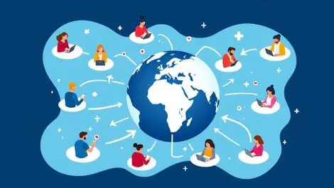 Illustration globe interconnected people devices arrows multilingual communication teamwork