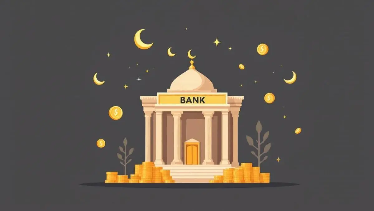 Modern bank building islamic architecture gold coins crescents growth