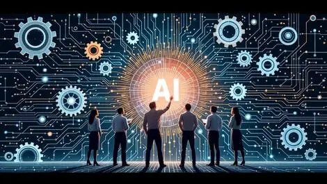 Business people examining complex gears circuit ai technology