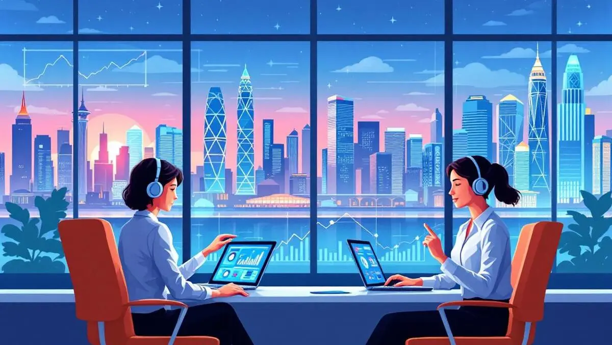 Business people office automated financial processes singapore hong kong skylines