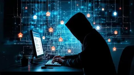 Photorealistic shadowy figure computer digital lines houses residential proxies cybercrime