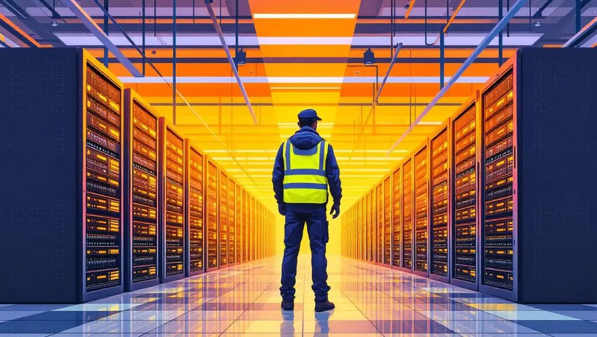 Realistic illustration security guard inside server room monitoring network protection