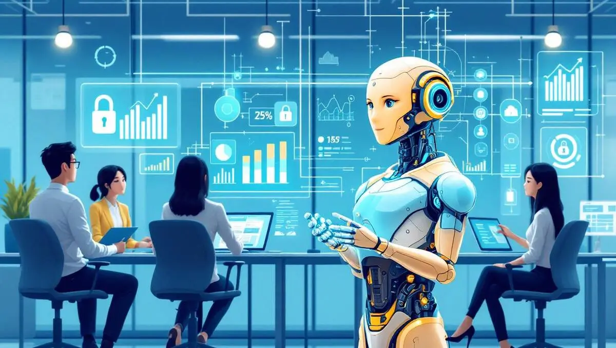 Ai assistant digital humanoid business professionals data charts secure locks modern asian office