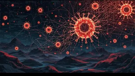 Complex tangled network of code lines morphing into shadowy virus