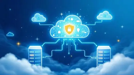 Interconnected data servers cloud icons digital lines data transfer cloud migration