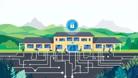 Modern new zealand school network cables wifi students laptops shield icon green hills mountains