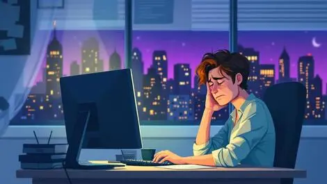 Stressed office worker late night glowing screen city skyline window