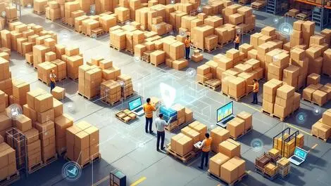 Realistic warehouse packages digital network interface order management retail logistics