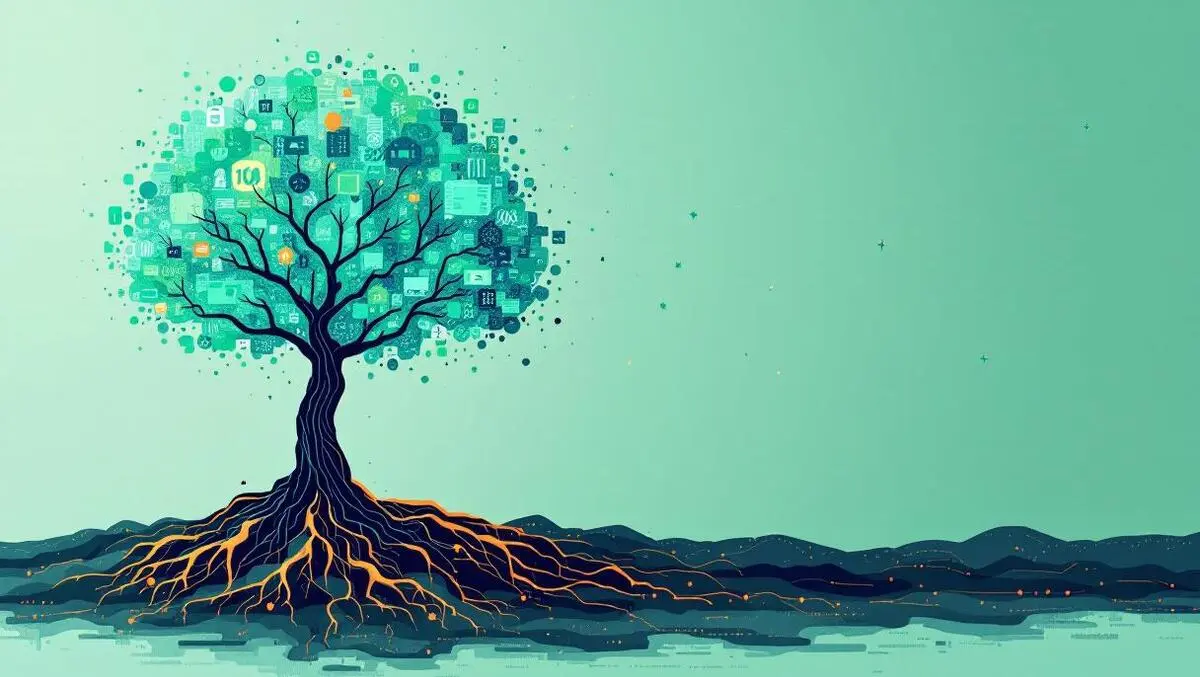 Tree with data stream roots and ai brain branches symbolizing 20 years growth