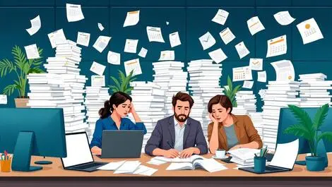 Australian office workers overwhelmed with paperwork and calendars in queensland