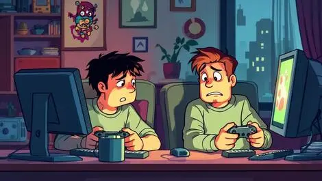 Frustrated gamers playing video games cheating power ups hidden players home