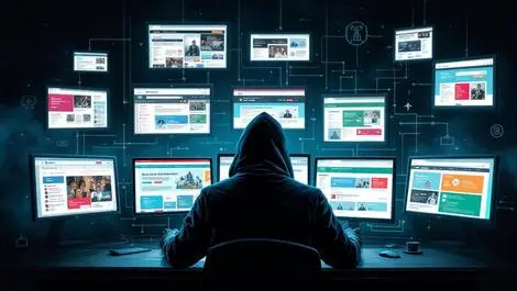 Shadowy figure controlling computer screens digital ads cybercrime