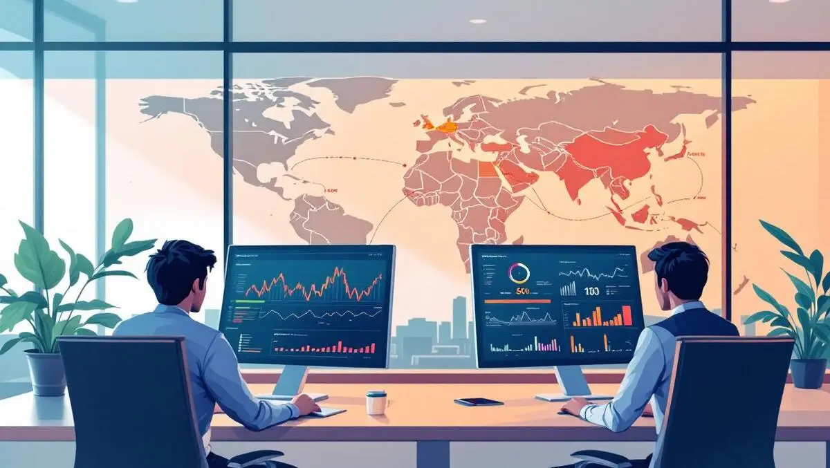 Modern office professionals analyzing global financial data world map japan developing countries