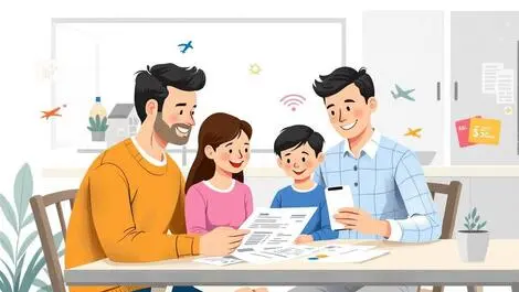 Australian family reviewing utility mobile bills with broadband mobile travel icons