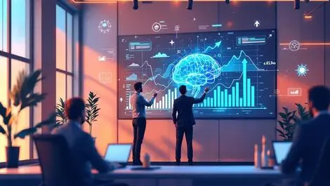Modern office business professionals analyzing financial charts ai impact