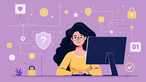 Confident woman working at computer with digital security symbols women in cybersecurity