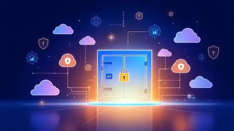 Digital illustration locked vault cloud icons shield network security cyber resilience