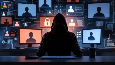 Realistic hooded figure computer multiple screens faceless silhouettes cyber attacks social engineering