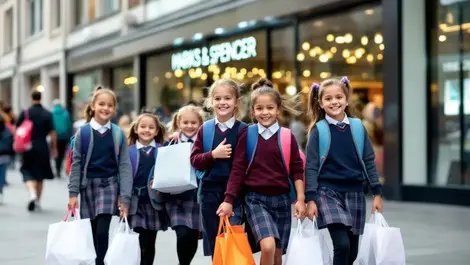 Cheerful british schoolchildren walking outside marks spencer store with backpacks
