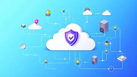 Secure cloud infrastructure shield icons server racks network connections