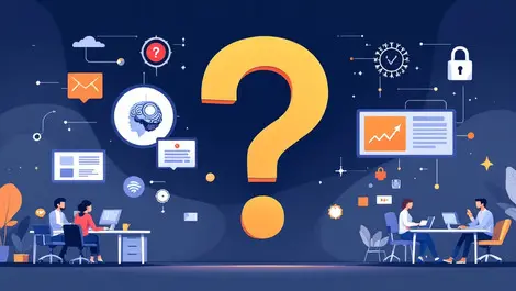 Business office workers computers large question mark ai security risk uncertainty policy