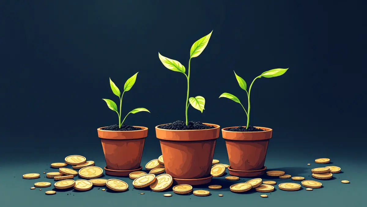 Wilted seedlings in southeast asian country pots with dried coins declining startup funding economic uncertainty