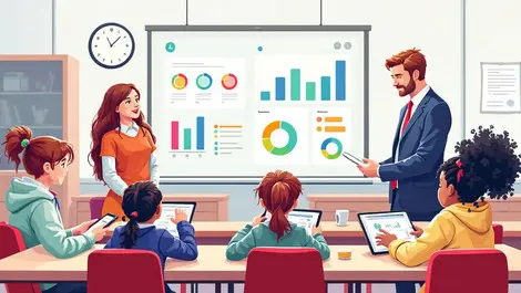 Uk schoolchildren using tablets digital interface with charts progress bars modern classroom teacher