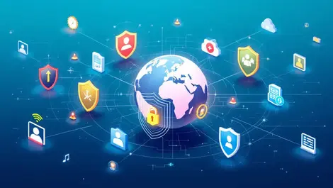 Interconnected digital shields alert symbols globe global security alerts digital identity