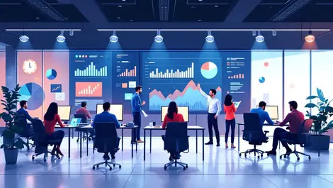 Realistic modern office professionals collaborating financial growth technology