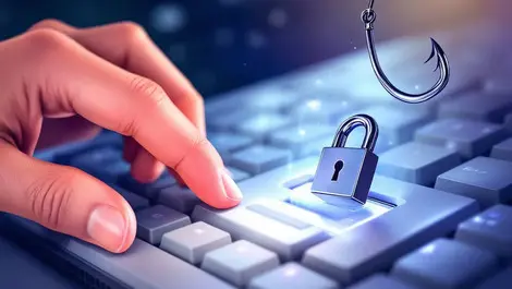 Realistic human hand opening steel lock on keyboard with phishing hook nearby symbolizing online security threats