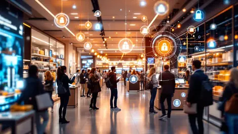 Retail store digital screens security icons ai technology integration