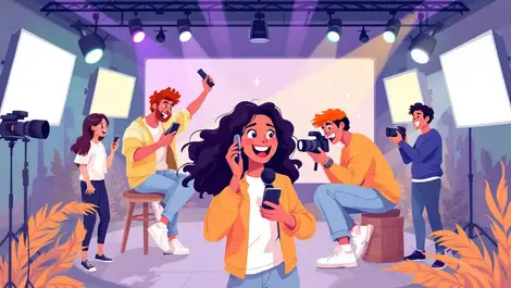 Vibrant illustration young content creators with cameras microphones studio setup